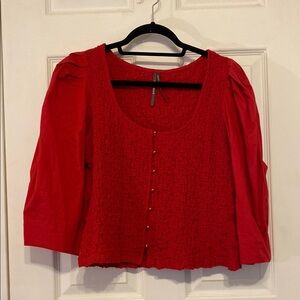 Anthropologie Red Buttoned Crop Top with Puff Sleeves